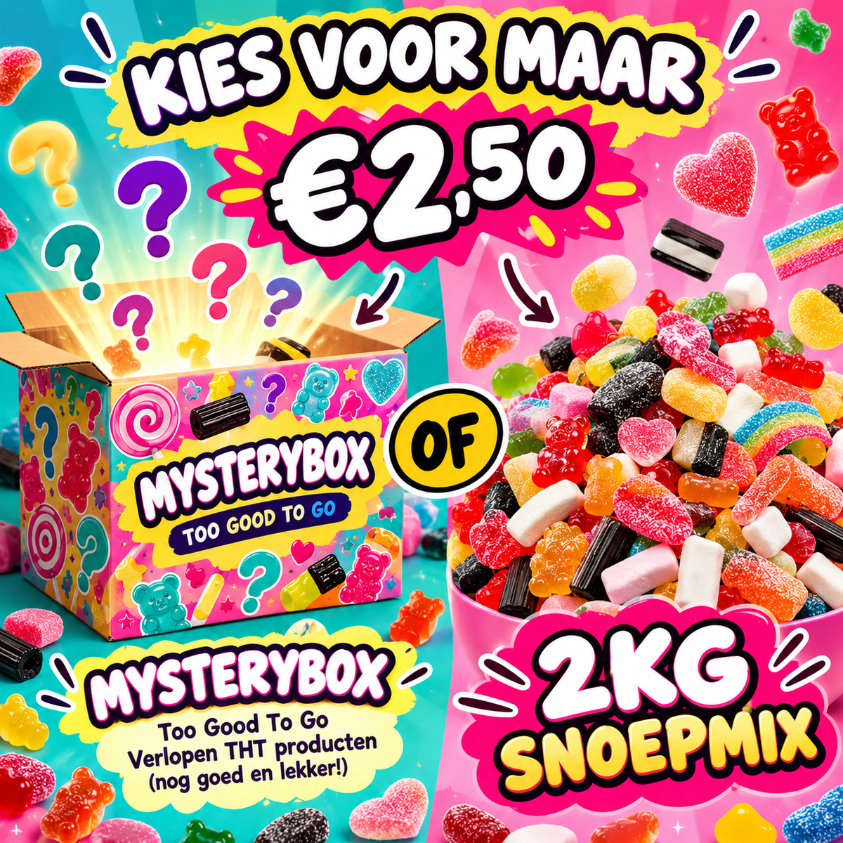 Verlopen THT Mysterybox 2,50 OF 2 Kilo snoep